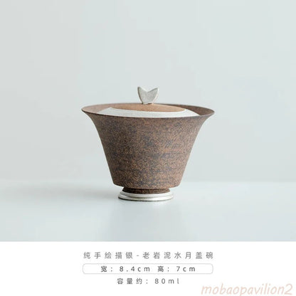 Hand Drawn Silver Gaiwan Old Rock Clay Cover Bowl Home Ceramic Tureen Porcelain