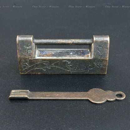 Antique Qing Dynasty Copper Padlock 2.01" Vintage Chinese Chest Lock Wooden Box
