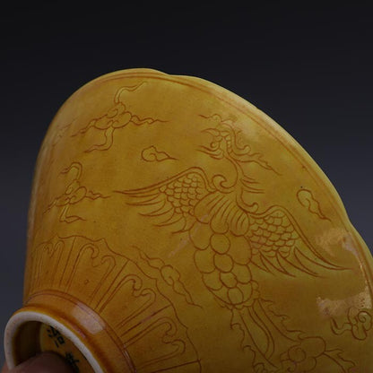 6.5" Collect Chinese Ming Porcelain Yellow Glaze Animal Two Phoenix Douli Bowl
