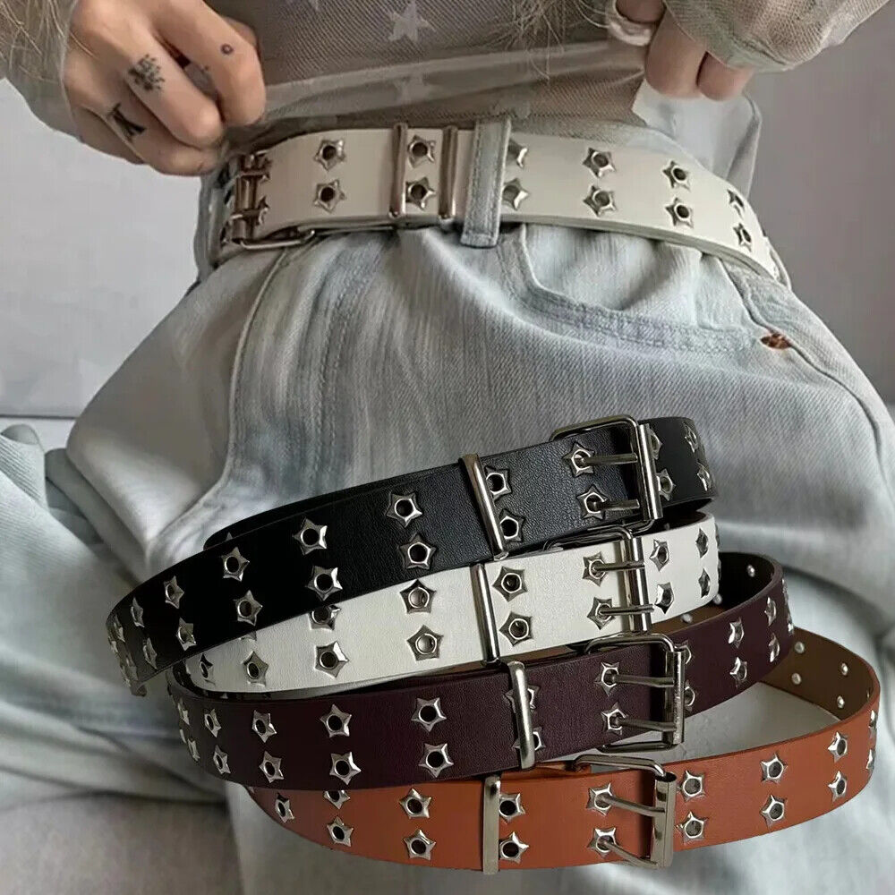 Women Belt Pu Leather Star Eye Rivet Punk Hollow Double Pin Buckle Men Waistband