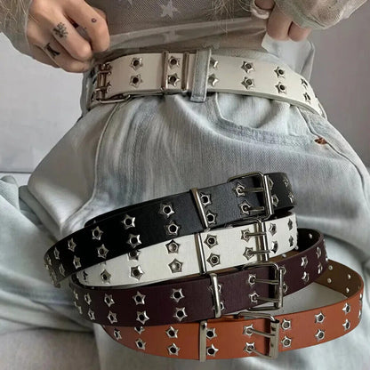 Women Belt Pu Leather Star Eye Rivet Punk Hollow Double Pin Buckle Men Waistband