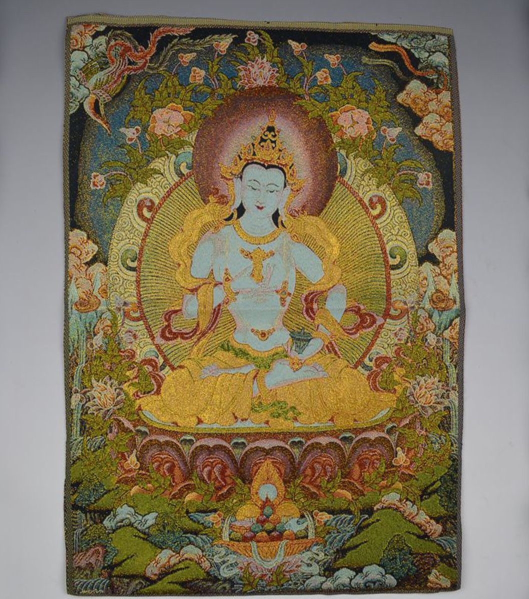 24"Old Chinese Silk Embroidery Tibetan Buddhist Thangka Vajrasattva Mahāsattva