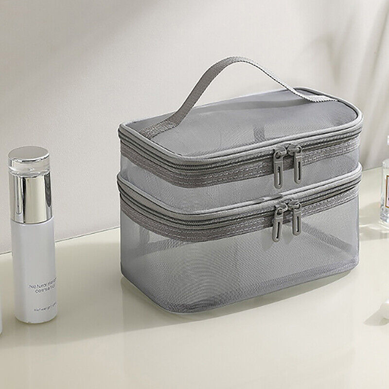 Clear Mesh Double Layer Portable Large Case Cosmetic Storage Bag Pouch Case