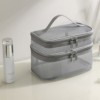 Clear Mesh Double Layer Portable Large Case Cosmetic Storage Bag Pouch Case