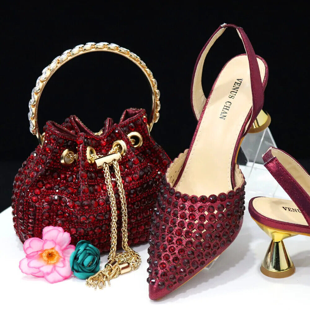 Pointed Toe Heels Women Party Wine Pumps Shoes Bags Matching Set