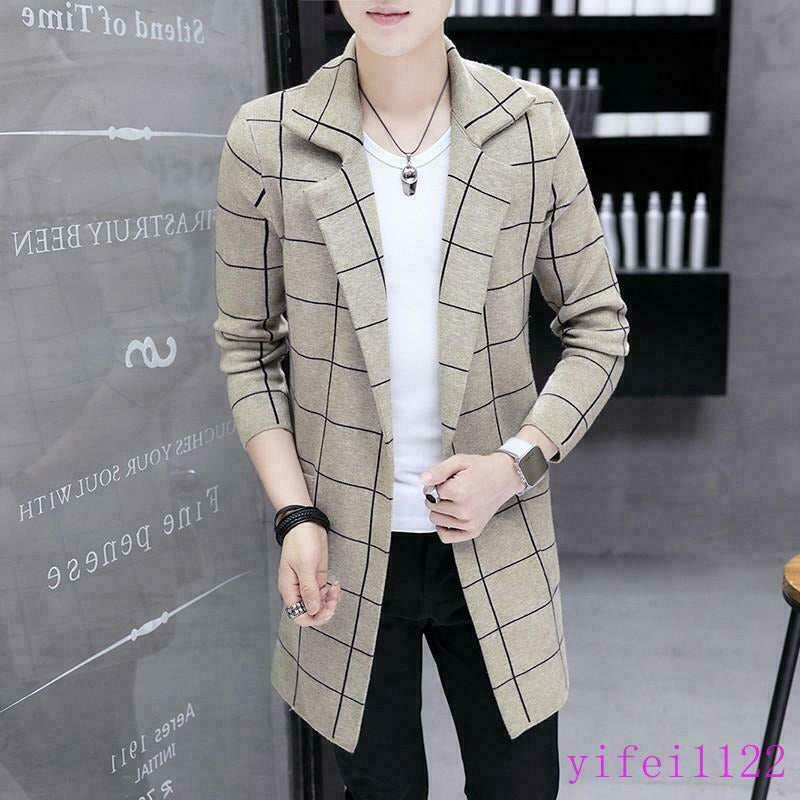 Mens Kint Cardigan Sweater Checks Korean Long Slim Lapel Outwears Coats Jackets