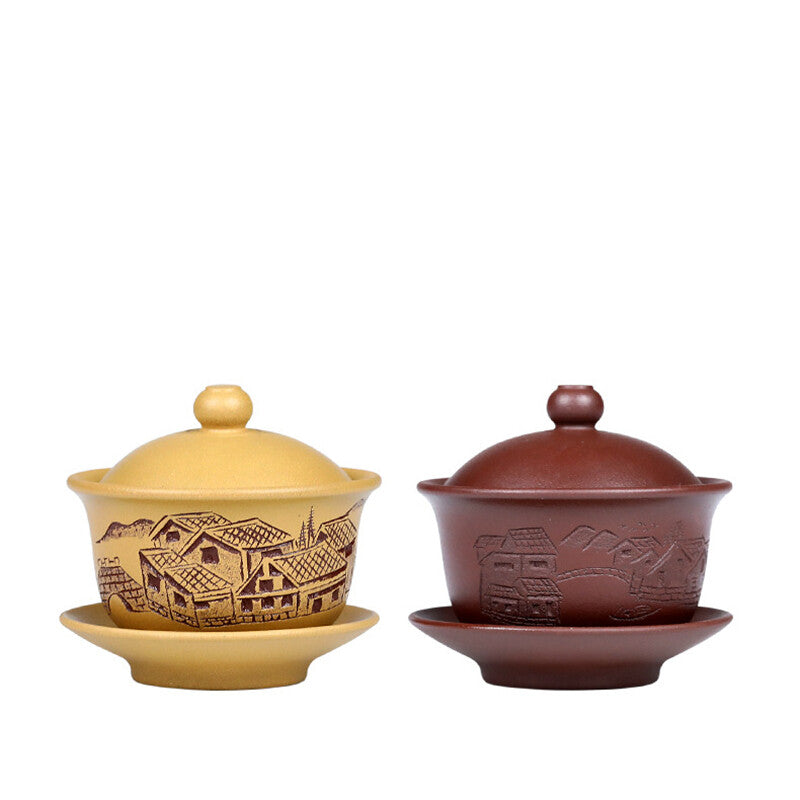 Original Ore Yixing Zisha Gaiwan Handmade Tureen Hand Carved Cup Bowl Saucer Lid