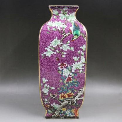 10Inch Chinese Purple Enamel Porcelain Qing Qianlong Bird Flowers Design Vase