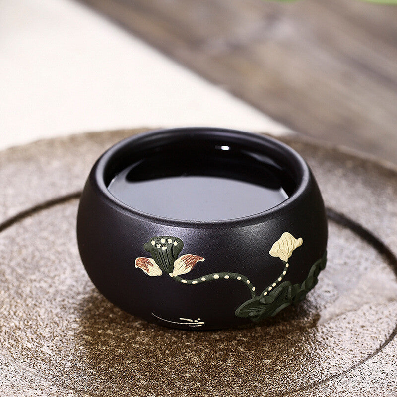 Chinese Real Yixing Zisha Black Clay Tea Cup Handmade Floral Relief Master Cups