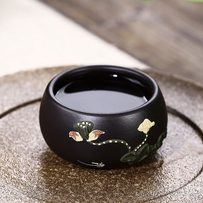 Chinese Real Yixing Zisha Black Clay Tea Cup Handmade Floral Relief Master Cups