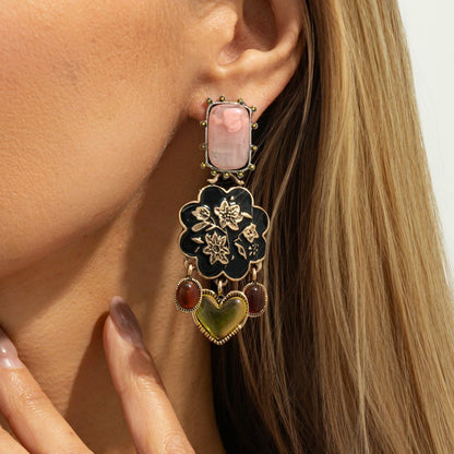 Spanish Vintage Court Gemstone Floral Heart Drop Earrings