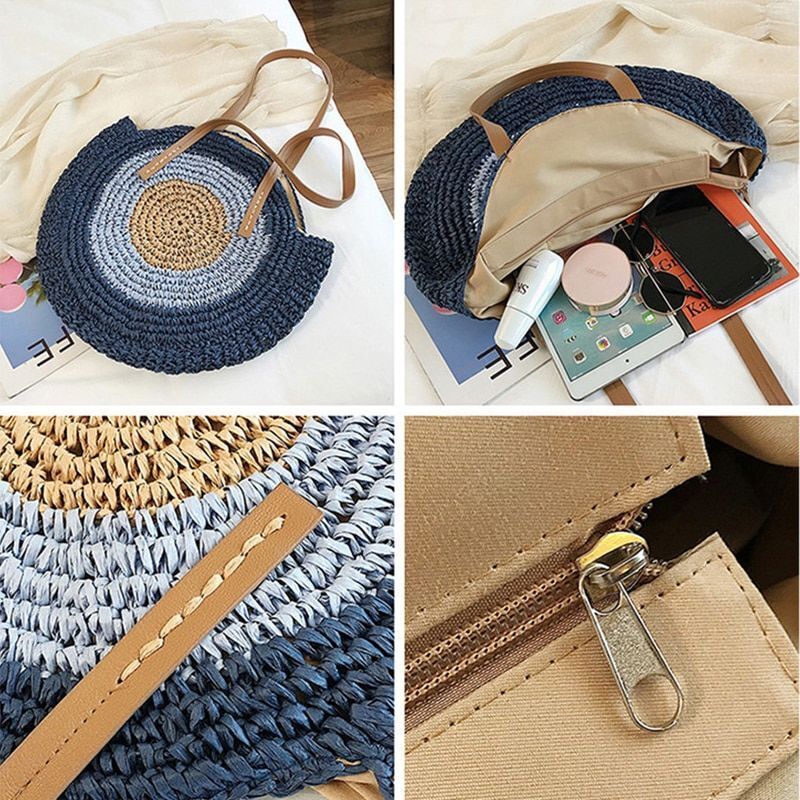 Large Capacity Round Zipper Bag Handmade Summer Beach Travel Holiday Women Bags