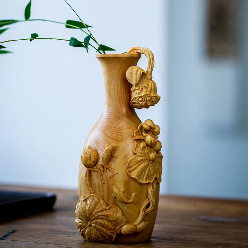15cm Vase Wood Carving Chinese Carp with Lotus Vase Poplar Real Wood Home Decor