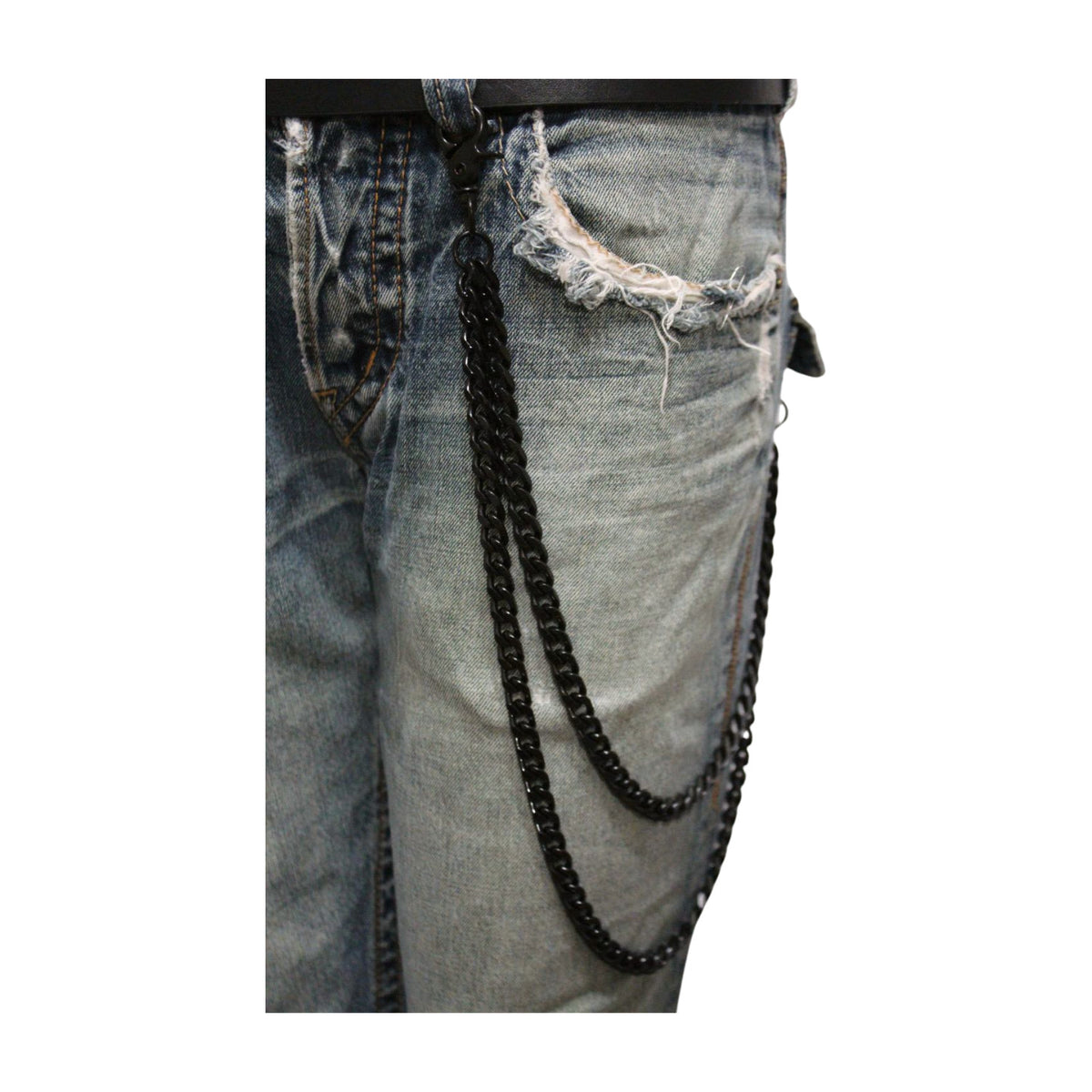 Men Black Metal Wallet Chain Links 2 Strands Keychain Jeans Pant Loop Clasp Ring