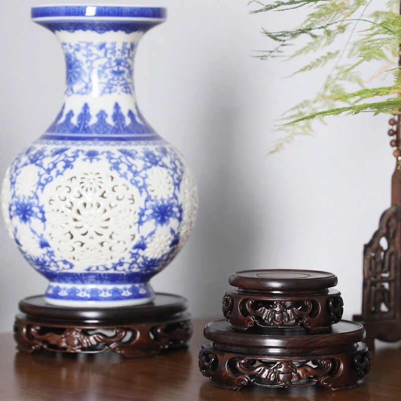 Round Ebony Pedestal Wood Carving Teapot Base Buddha Flowerpot Display Stand New