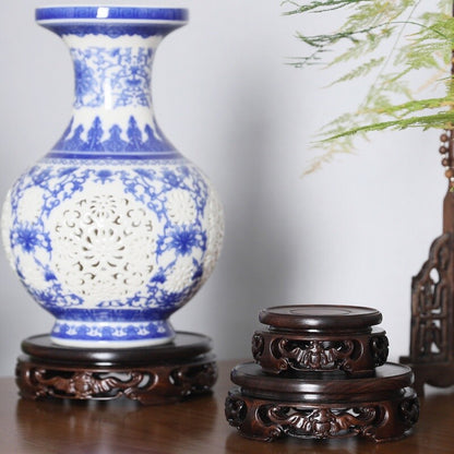 Round Ebony Pedestal Wood Carving Teapot Base Buddha Flowerpot Display Stand New