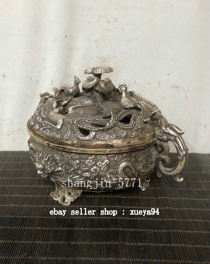 9" Old Chinese Dynasty Bronze Silver Dragon Phoenix Beast Incense Burner Censer