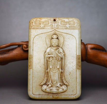 Chinese Antique Natural Hetian Jade Carving Kuan Yin Statue Amulets Pendant Gift