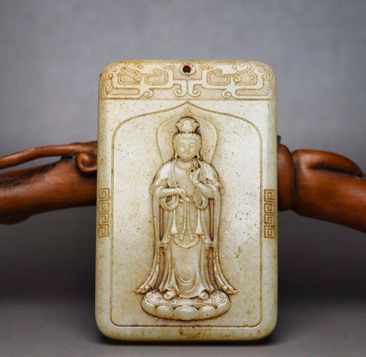 Chinese Antique Natural Hetian Jade Carving Kuan Yin Statue Amulets Pendant Gift