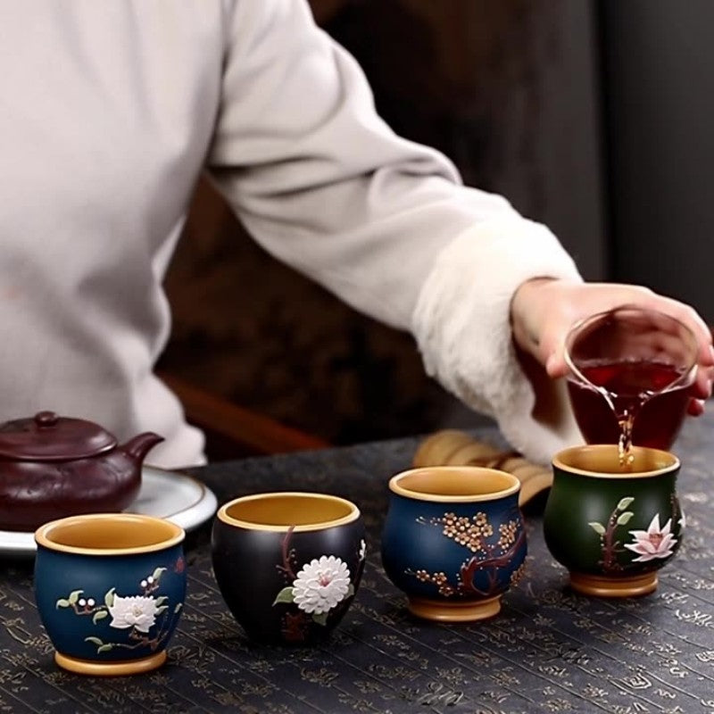 One Cup Real Yixing Zisha Purple Clay Tea Cup Floral Relief Handmade Master Cup