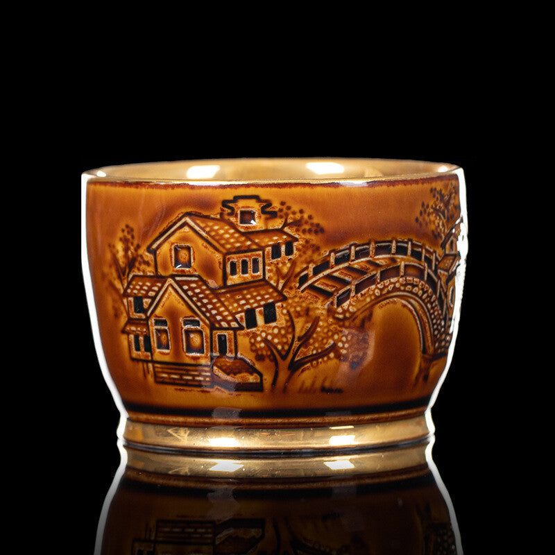 Creative Tea Cup Handmade Relief Ceramic Gilding Master Cup Chinese Kungfu Cup