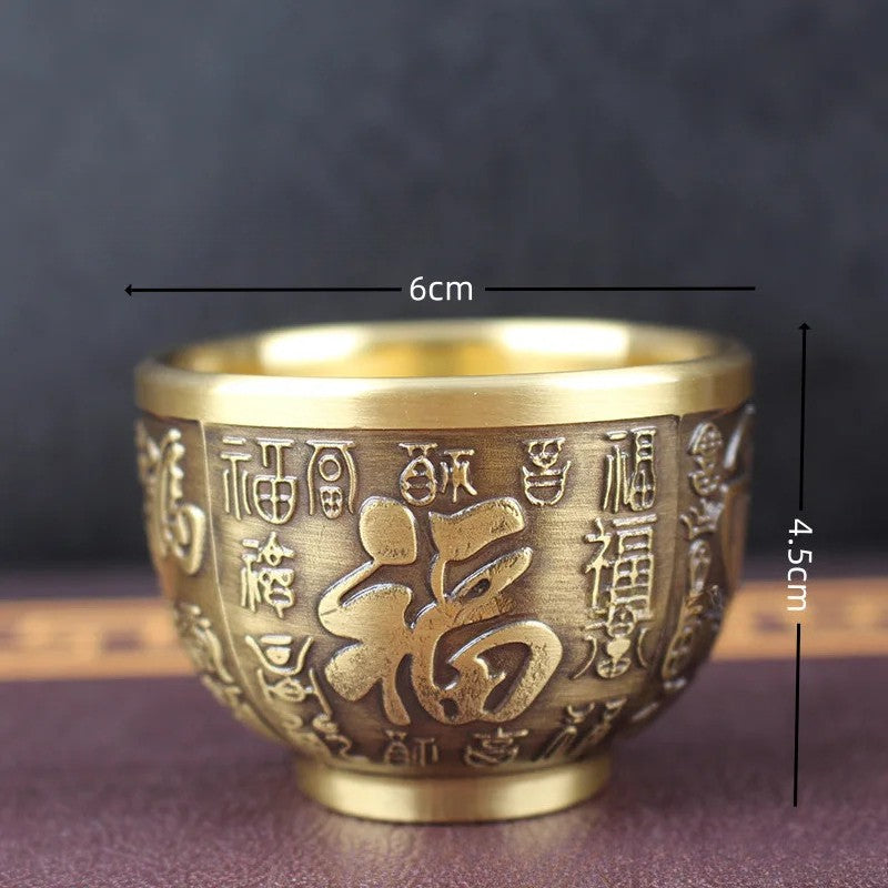 Brass Retro Baifu Dragon-Phoenix Cup Rice Jar Office Home Desktop Decoration