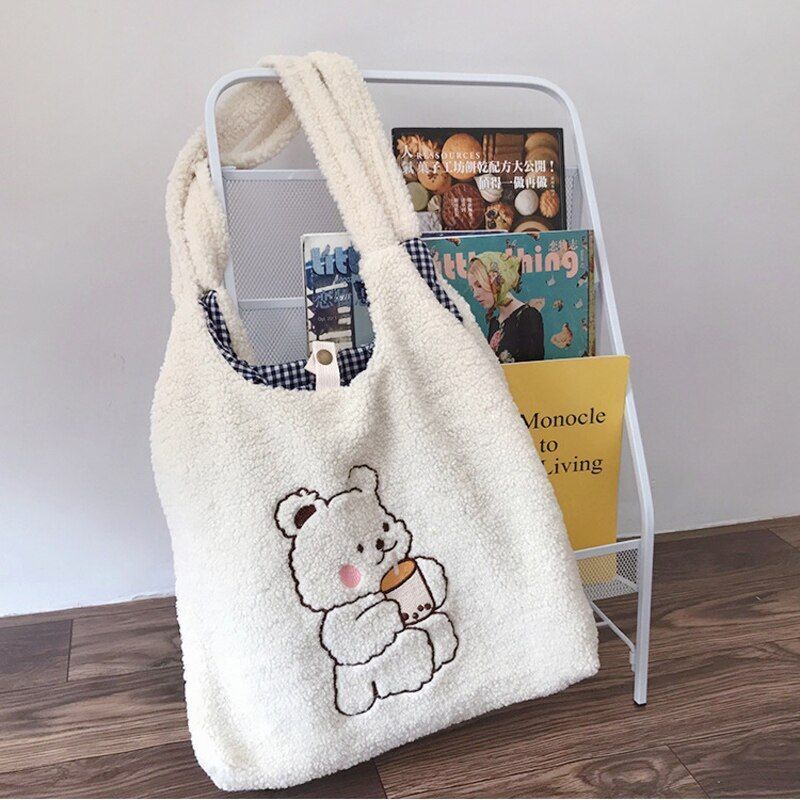 Canvas Purse Shoulder Bag Bear Embroider Crossbody Handbag Casual Shopper Bag