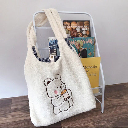 Canvas Purse Shoulder Bag Bear Embroider Crossbody Handbag Casual Shopper Bag