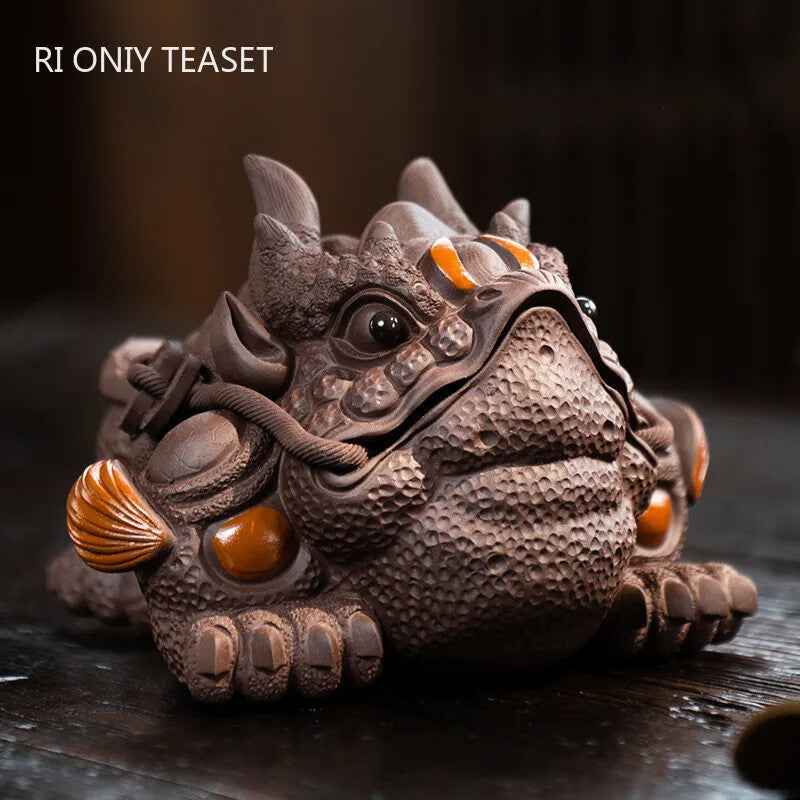 5.12" Lucky Golden Toad Statue Ornaments Yixing Purple Clay Tea Pet Handmade