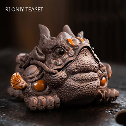 5.12" Lucky Golden Toad Statue Ornaments Yixing Purple Clay Tea Pet Handmade
