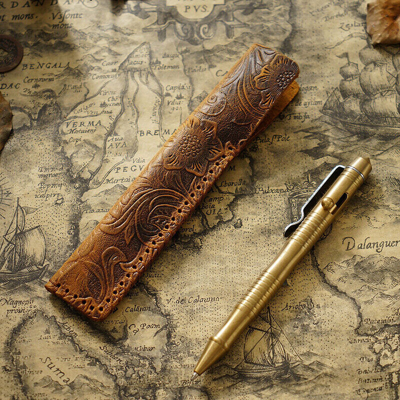 Portable Real Leather Pen Protector Bag Holder Pencil Case Handmade Carved Gifts