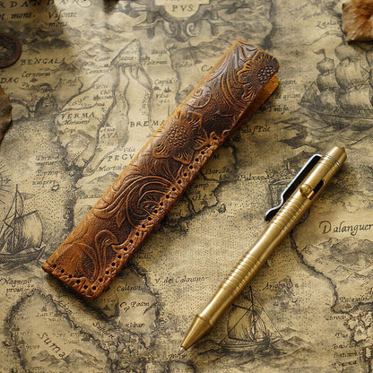 Portable Real Leather Pen Protector Bag Holder Pencil Case Handmade Carved Gifts