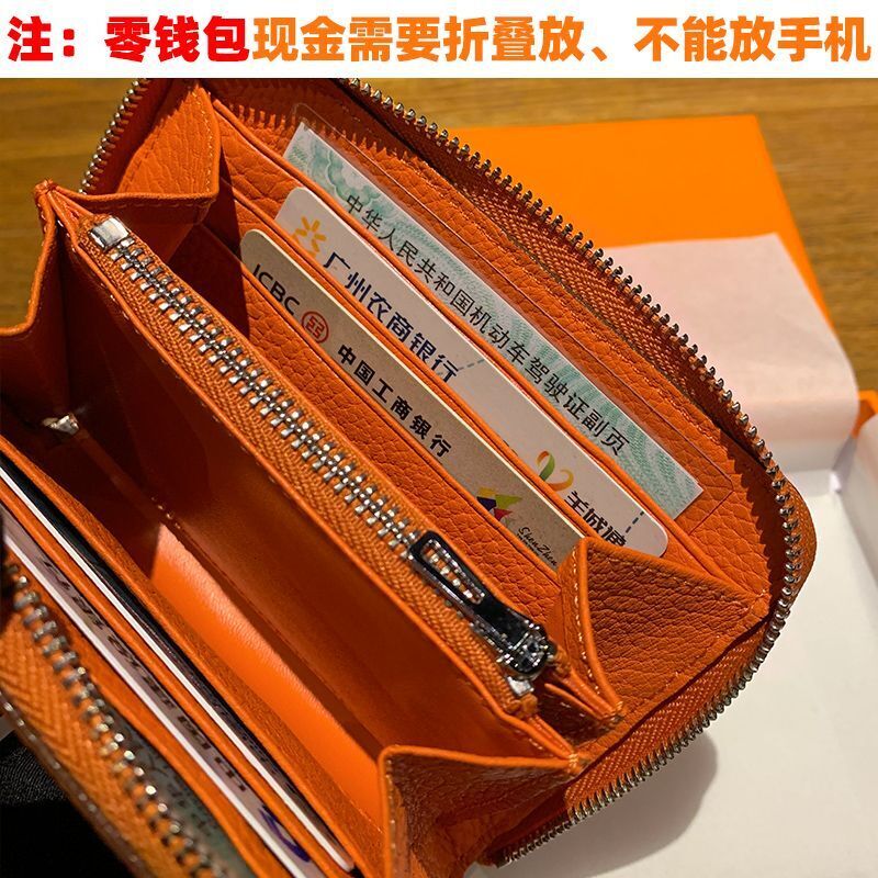 Genuine Leather Coin Bag Zipper Multi Card Pocket Wallets Purses Cotton Orange