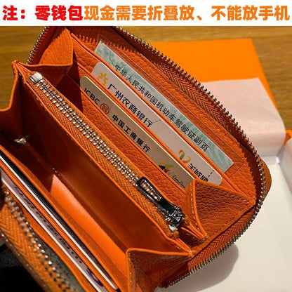 Genuine Leather Coin Bag Zipper Multi Card Pocket Wallets Purses Cotton Orange