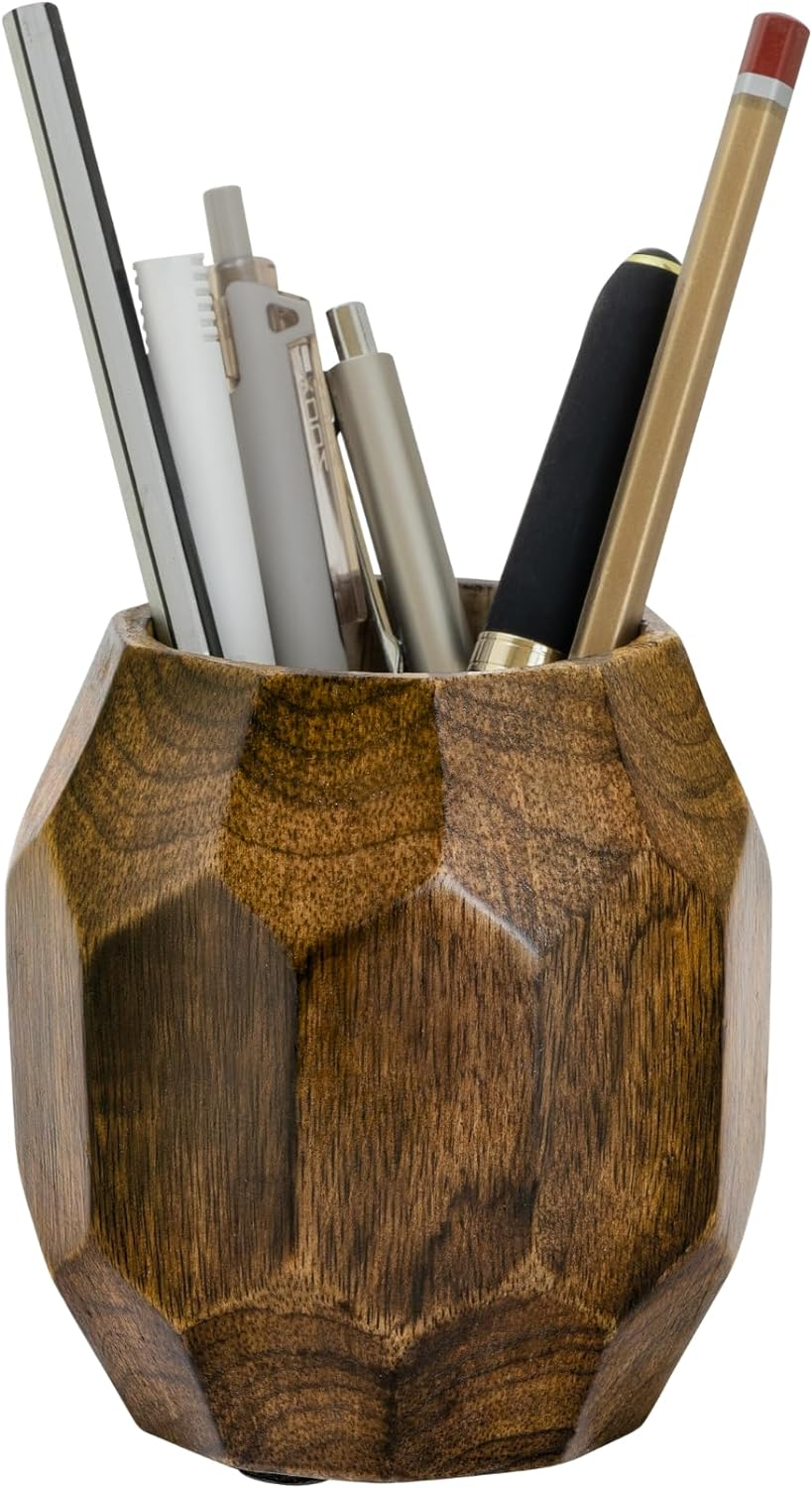 Wooden Geometric Pen Holder for Desk Pencil Cup Stand Desktop Organizer Makeup