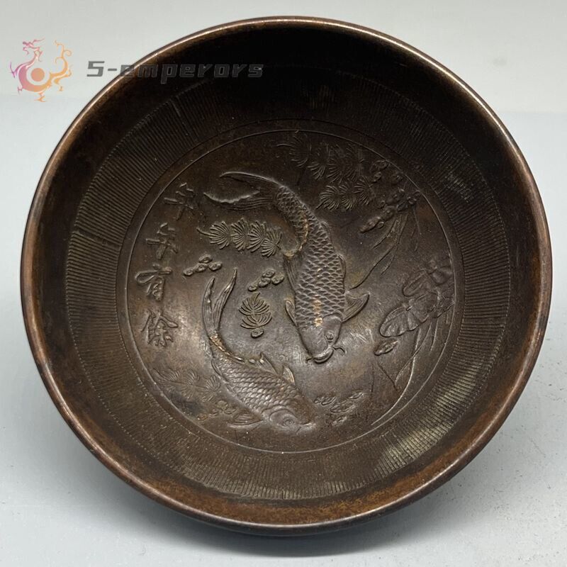 Collection Chinese Bronze Handmade Fish Statue Bowl Cup Home Decoration