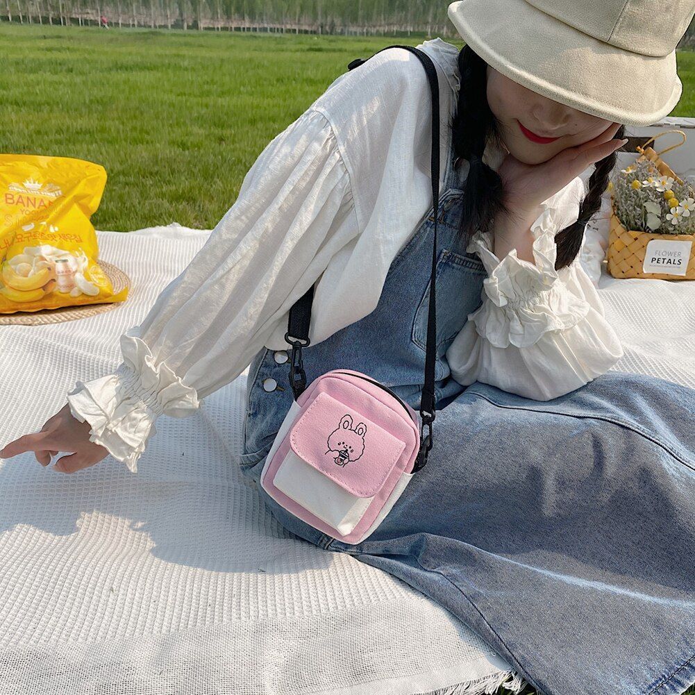 Contrast Color Canvas Crossbody Shoulder Messenger Bag Casual Handbag Flap Purse