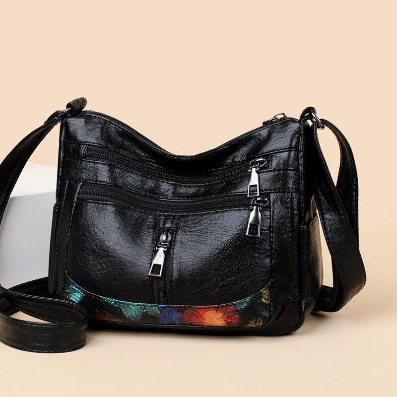 Soft Leather Messenger Shoulder Handbag Purse Flowers Multi-pocket Crossbody 1PC
