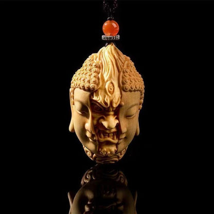 Boxwood Carved Buddha Devil Head Pendant Wooden Sculpture Statue Decor