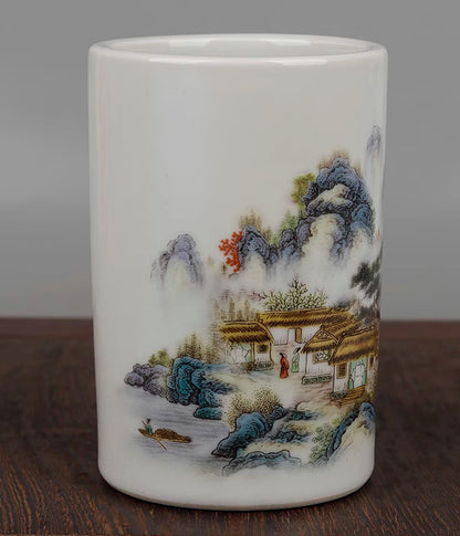 Chinese Colour Porcelain Mountains Rivers Landscape Brush Pot Pencil Vase '宁静致远'