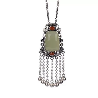 Vintage Tassel Bell Pendant Necklace Natural Jade Agate Silver Plated Set