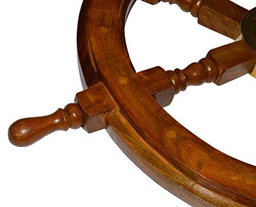 24" Wooden Ship Wheel Wall Decor w\ Brass Center Hub, 0.85" hole for hanging