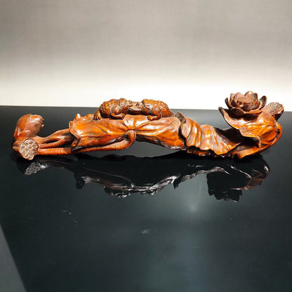 chinese antique Boxwood wooden statue carvings gifts Golden Toad lotus sculpture