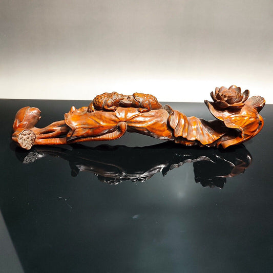 chinese antique Boxwood wooden statue carvings gifts Golden Toad lotus sculpture