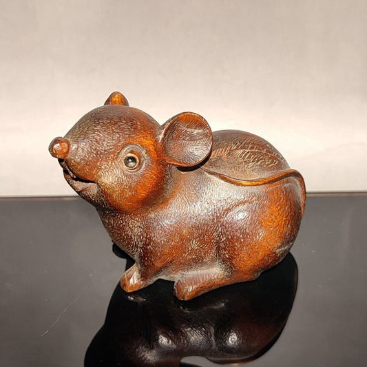 Happy cute little mouse wood carvings Carved statue room Decoration home gift