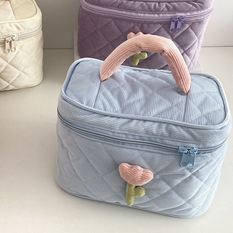 Flowers Print Pouch Large Travel Cosmetic Bag Corduroy Toiletry Bags Storage Box