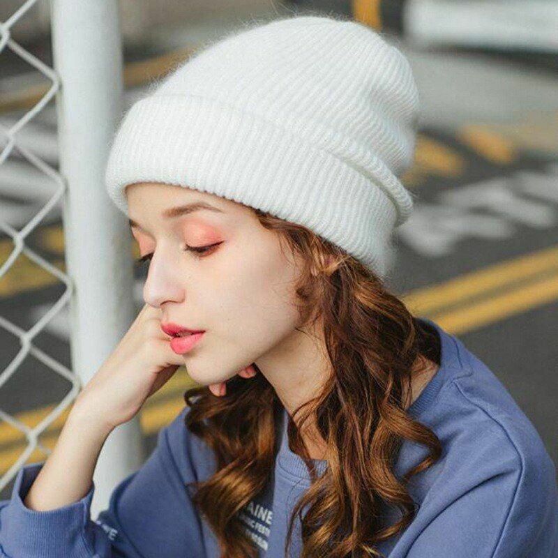 Winter Angora Solid Warm Woolen Knitted Hat Fashion Beanie Outdoor Sport Thick