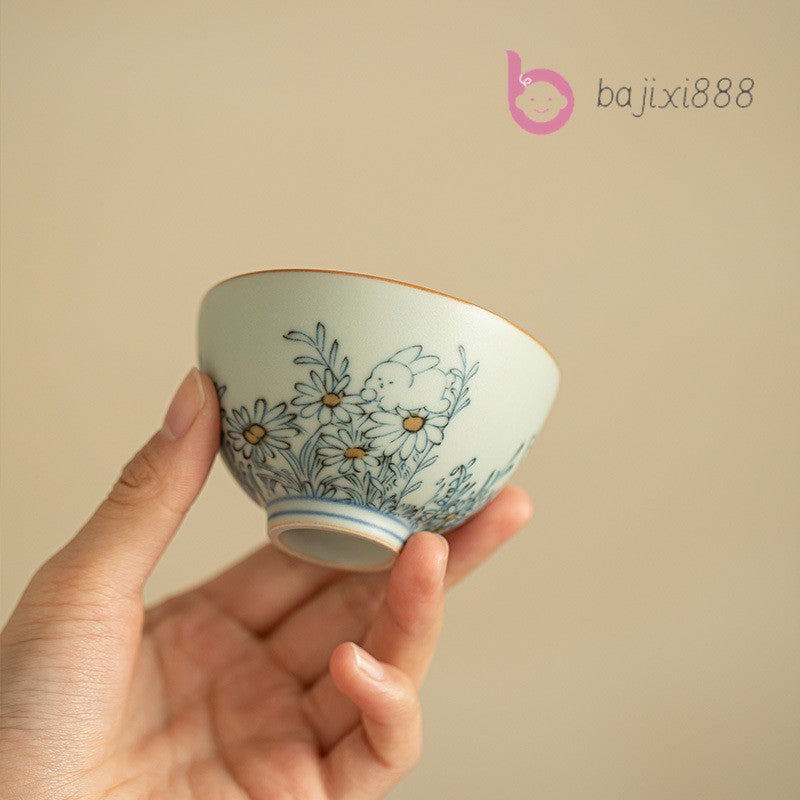 Vintage Blue & White Ru Kiln Daisy Rabbit Teacup 70ml