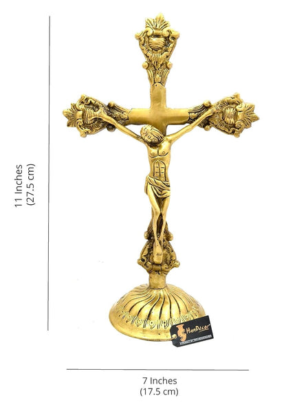 Brass Lord Jesus On Holy Cross Statue Figurine Standard, Antique Yellow 1 Piece