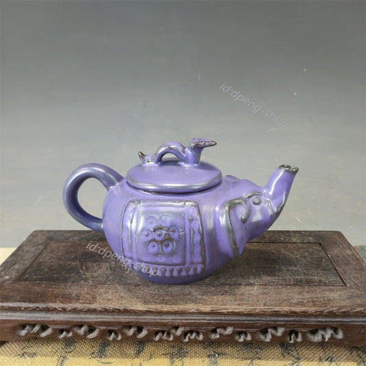 4.1" Collet Chinese Song Porcelain Ru Kiln Violet Glaze Animal Elephant Teapot